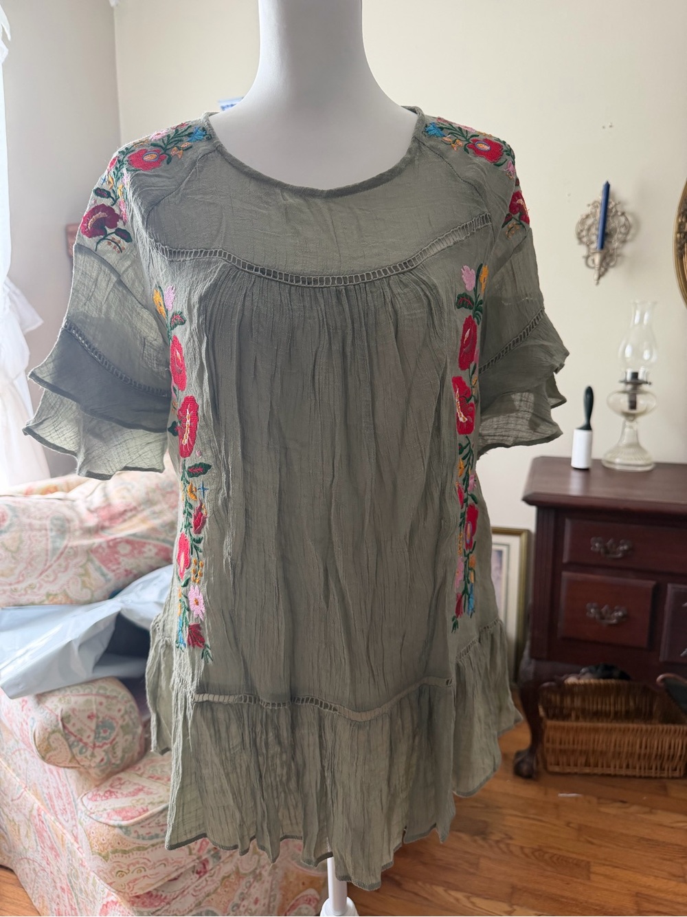 Boho Embroidered Olive Green Women’s Peasant Top